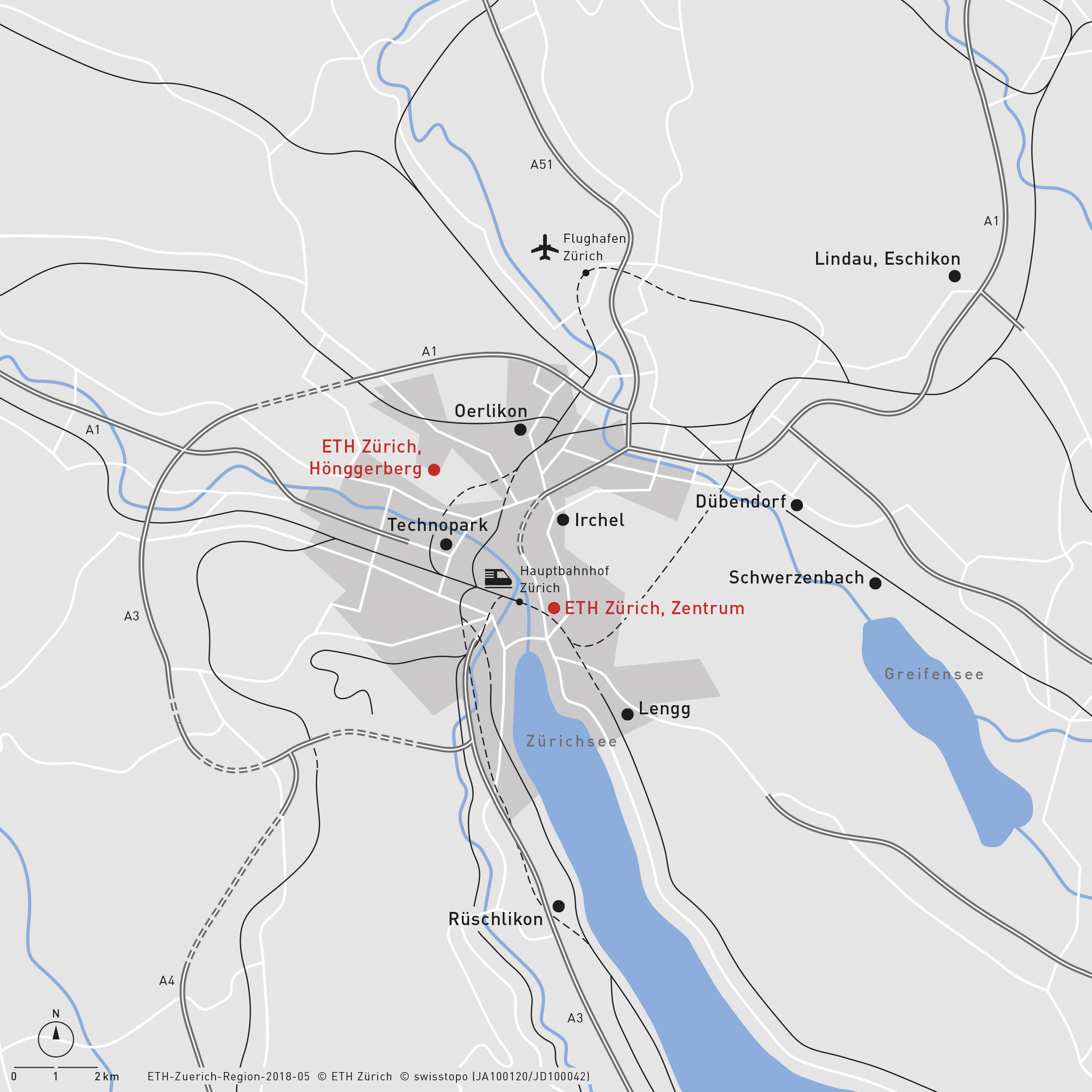 Vergr?sserte Ansicht: Die ETH Zürich hat ihren Hauptstandort in Zürich, wo sie einen 365ֱ_365Ͷע-Ͷ auf dem Hönggerberg und einen 365ֱ_365Ͷע-Ͷ im Zentrum betreibt. Ergänzt wird der Hauptstandort durch strategisch gewählte «Aussenstandorte» (Karte: ETH Zürich)